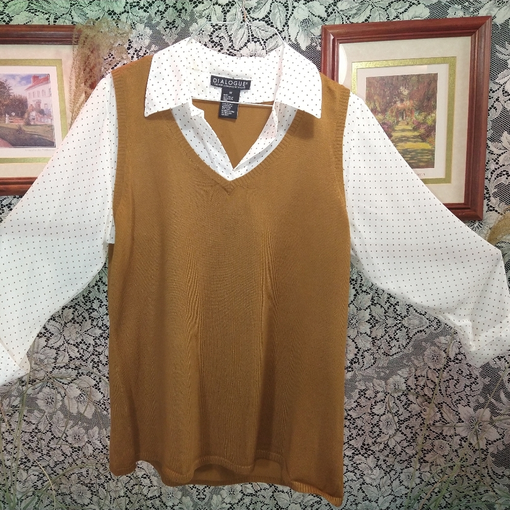 Dialogue tan / caramel and white with polka dots sweater vest long sleeve faux